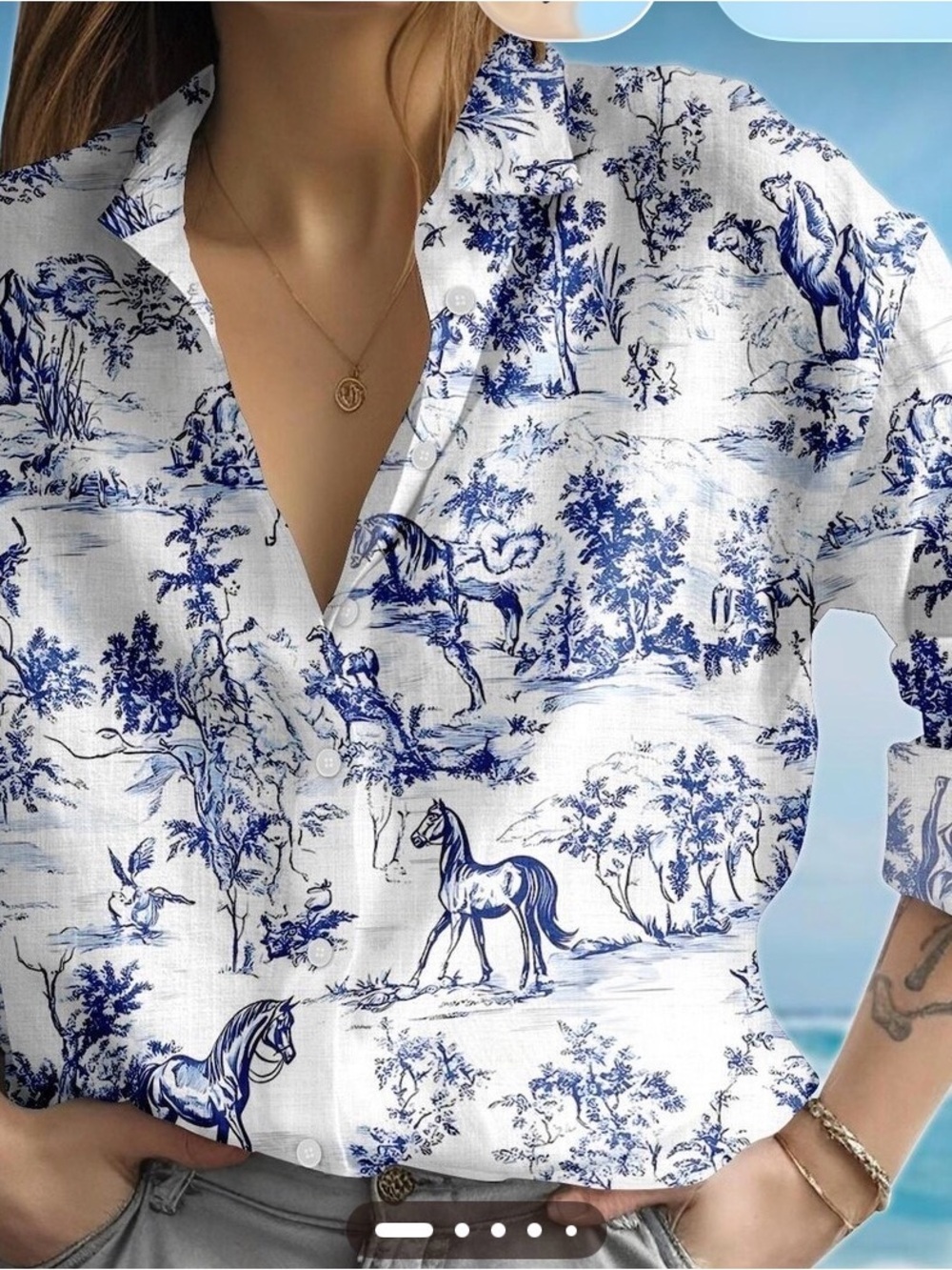 Joie White and Blue Horse Toile Button-Up Top